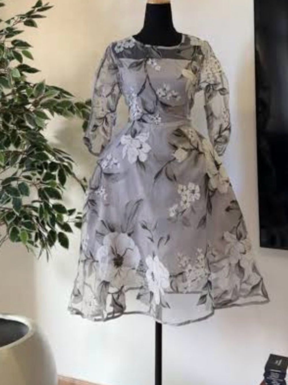 Gray Floral Fit-and-Flare Midi Dress with Sheer Sleeves with a purple tint
